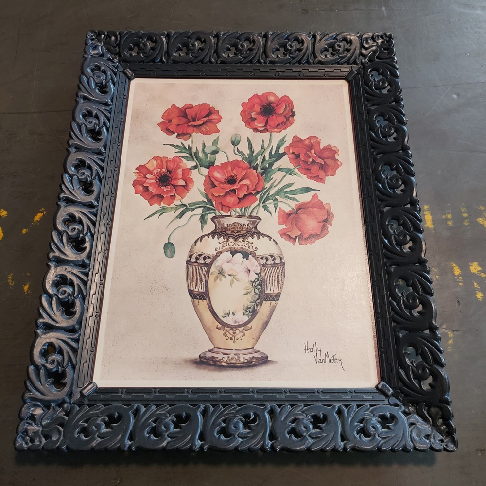 Vintage Holly Van Meter Red Poppy Floral Art Print Black Ornate Frame 10x8 USA